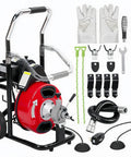 Heavy Hitter Electric Drain Cleaner And Drain Snake Auger With 370W Motor and accessories on display including gloves and cables.
