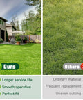 Comparison of lawn quality: left side 'Ours' with smooth green grass, right side 'Others' with uneven grass, highlighting product benefits.