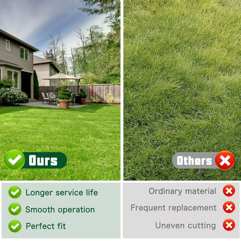 Comparison of lawn quality: left side 'Ours' with smooth green grass, right side 'Others' with uneven grass, highlighting product benefits.