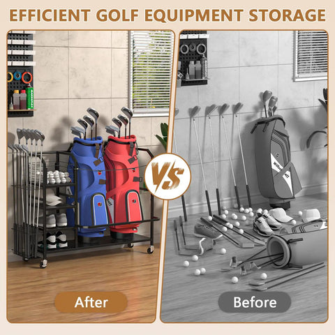 Efficient golf equipment storage before and after with Ultra Big Capacity Golf Bag Storage Organizer For Home Garage Or Clubhouse.