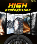 Straight Plug And Play 433 Mhz Tpms Tire Pressure Sensors Preprogrammed For Chevy Tahoe showcasing high-performance decals and tire images.