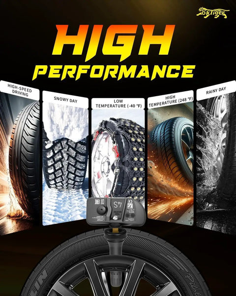 Straight Plug And Play 433 Mhz Tpms Tire Pressure Sensors Preprogrammed For Chevy Tahoe showcasing high-performance decals and tire images.