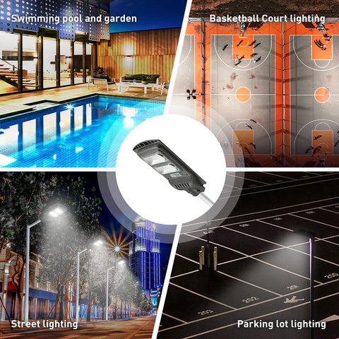 200W Solar Street Light No Electric Bill With 6000 Lumens 96 LEDs IP65 Outdoor Commercial Parking Lot Light in various settings