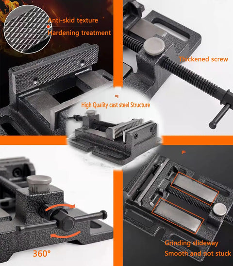 Heavy Duty Drill Press Vise 5 Inch with Quick Release for Workbench, Industrial Cast Steel Bench Clamp, One-Click Positioning, Locking Safety Feature, High-Precision Machining Clamp, cast steel vise close-up