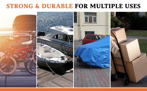 50 Pack 15 Inch Rubber Bungee Cords With Metal Hooks For Flatbed Trucks in use securing bikes, boats, cars, and boxes