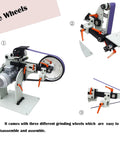 Heavy Duty Variable Speed Belt Sander And Rock Solid Grinder For Fast Knife Sharpening Rust Stripping And Slick Metal Finishing On A Compact Foldable Stand with three adjustable grinding wheels.