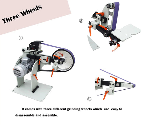 Heavy Duty Variable Speed Belt Sander And Rock Solid Grinder For Fast Knife Sharpening Rust Stripping And Slick Metal Finishing On A Compact Foldable Stand with three adjustable grinding wheels.