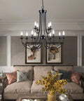 Farmhouse Twelve Light Candle Chandelier Black Wrought Iron Pendant Light 2 Tier Rustic Industrial Ceiling Fixture over sofa
