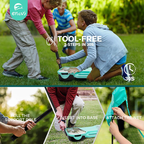 Badminton Set With Net And Portable Storage Box Includes Four Rackets And Four Shuttlecocks Ideal For Backyard Bash And Outdoor Yard Games Family Fun Easy Setup And Portable Recreation being set up in a yard