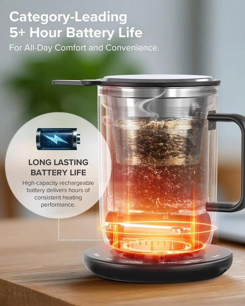 Rechargeable Self Heating Coffee Mug With Adjustable Temperature Control And Charging Base 16 Oz showing battery indicator and heating base.