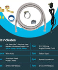 6 Ft Braided Stainless Steel Dishwasher Supply Line With 3 8 Inch Compression Ends Installation Kit contents displayed