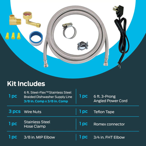 6 Ft Braided Stainless Steel Dishwasher Supply Line With 3 8 Inch Compression Ends Installation Kit contents displayed