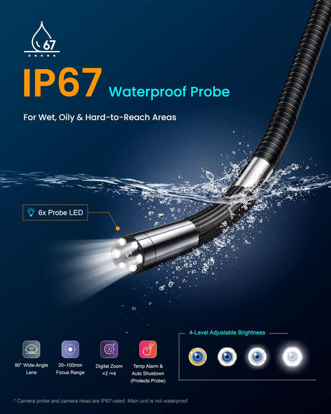 Articulating Borescope Camera With Light For Tight Spaces, 2-Way 210 Degree Flex Probe, Ultra Slim 6.2mm Wand, Hand Controls, Includes 32GB Card, IP67 waterproof probe in water