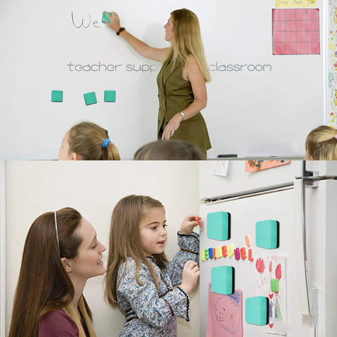 Magnetic Whiteboard Erasers 48 Pack For Kids And Classrooms, Kid Friendly Chalkboard Cleaner Wiper, Dry Erase Board Erasers For Home Office And School, Two By Two Inch, Green in use on whiteboard and fridge.