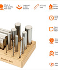 Steel 2.5 Inch Swage Block With 16 Punch Set on wooden stand for jewelry making, with detailed features highlighted