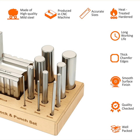 Steel 2.5 Inch Swage Block With 16 Punch Set on wooden stand for jewelry making, with detailed features highlighted