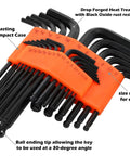 Orange Ball End Hex Key Set 25 Piece SAE Inch Metric Mm Allen Key Combo With Ball Point Sockets in molded case showing sizes