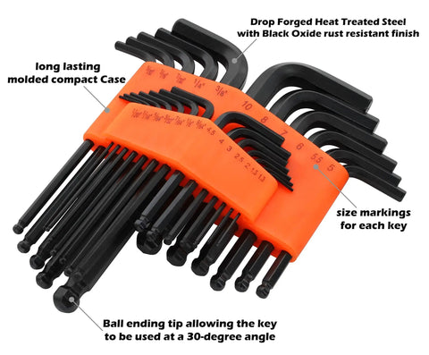 Orange Ball End Hex Key Set 25 Piece SAE Inch Metric Mm Allen Key Combo With Ball Point Sockets in molded case showing sizes
