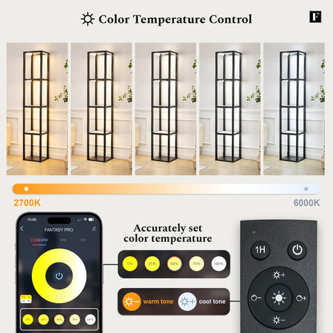 66 Inch Glass Dimmable LED Floor Lamp With Shelves For Bedroom And Living Room showing color temperature control range 2700K-6000K