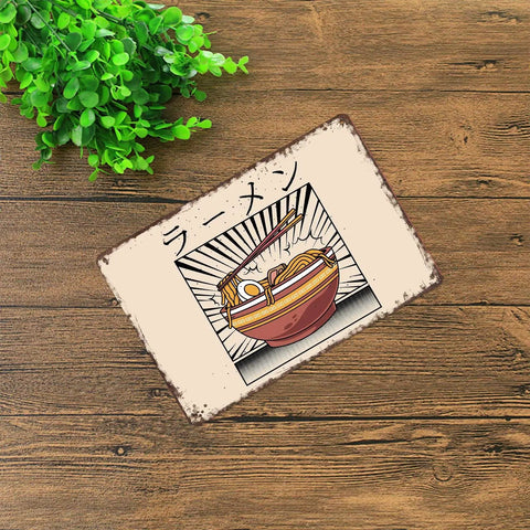 Retro Ramen Tin Sign Wall Art For Kitchen Home Garage Or Office Decor Funny Vintage Metal Sign 8x12 Inches Durable Aluminum With Pre Drilled Holes For Quick Mount Dope Tin Sign Vibe For Any Space showing a ramen bowl illustration on a wooden background.