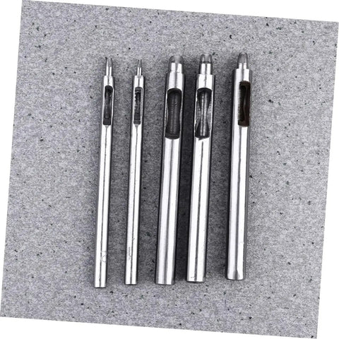 Heavy Duty Leather Belt Hole Punch Tool Set For DIY Projects And Falconry Crafts, silver metal punchers on grey background.