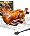 Adjustable Chicken Roasting Rack With Nonstick Coating, showing stainless steel V shape stand with roasted chicken and basting brush.