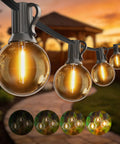 Waterproof G40 LED Globe String Lights 200ft with 104 shatterproof bulbs hanging in backyard, gazebo view, close-up.