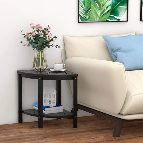 Bamboo Corner Shower Stool Bench Waterproof With Storage Shelf For Bathroom And Inside Shower Perfect Seat For Shaving Legs Easy To Clean Non Slip Black used as side table next to sofa.