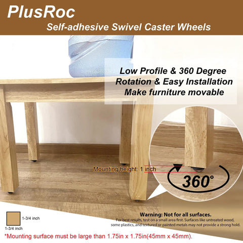 Heavy Duty Self Adhesive Swivel Caster Wheels 1 Inch Black For Furniture Replacement with 360 degree rotation under a wooden table.