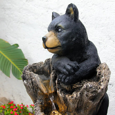 Close-up of black bear on 40.16 Inch High Five Tier Outdoor Bear Water Fountain With Two Black Bears Climbing A Tree