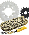 Drive Sprocket And Chain Kit For Kawasaki KLX110 And Suzuki DRZ110 Front 14T Rear 33T 420VMX XRing 86 Links OEM Compatible Sprocket Chain Combo For Off Road Dirt Bikes, showing silver and black sprockets with gold chain and lubricant.