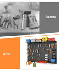 Comparison of a cluttered desk and organized black 113 Piece Pegboard Wall Organizer Kit With Hooks Bins And Shelves For Garage And Workbench A Modular Tool Storage System Designed To Keep Your Gear Neat Accessible And Easy To Find Every Time