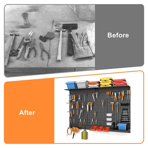 Comparison of a cluttered desk and organized black 113 Piece Pegboard Wall Organizer Kit With Hooks Bins And Shelves For Garage And Workbench A Modular Tool Storage System Designed To Keep Your Gear Neat Accessible And Easy To Find Every Time