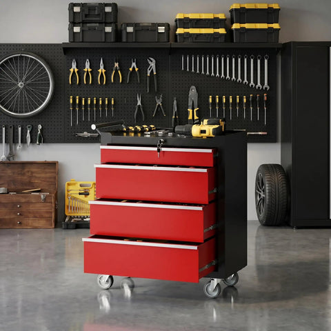 Badass Workhorse Rolling Tool Chest Heavy Duty Locking Casters Rock Solid Four Drawer Steel Organizer Pro Grade Portable Cabinet For Garage And Workshop Sleek Black Red Finish