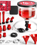 22 Piece No Spill Coolant Filling Funnel Kit With Siphon Hose Pump And Universal Radiator Refill Set including red funnel, adapters, and hose.