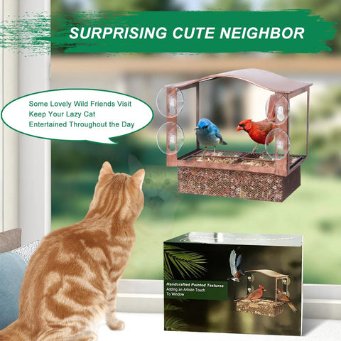 Metal Window Bird Feeder With Wide Viewing Window And Ultra Strong Suction Cups for Easy Mount on Glass shown with birds