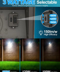 Image showing LED Wall Pack Light with selectable wattages, 100W/120W/150W options, and high brightness at 150LM/W, perfect for outdoor use.