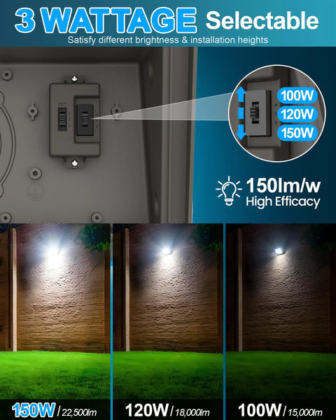 Image showing LED Wall Pack Light with selectable wattages, 100W/120W/150W options, and high brightness at 150LM/W, perfect for outdoor use.