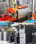 Industrial and commercial boiler systems in a mechanical room with pipes and gauges, featuring a large red and gray boiler.