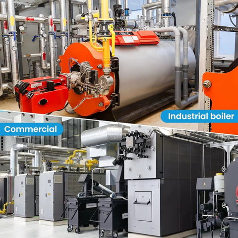 Industrial and commercial boiler systems in a mechanical room with pipes and gauges, featuring a large red and gray boiler.