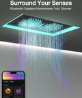27 Point 5 Inch Ceiling Mount Shower System With Thermostatic Control And 64 Color Led Lighting Featuring Waterfall Rainfall Rotating Jets And Handheld Sprayer In Matte Black For A Straight Heavy Hitter Vibe with Bluetooth speaker and cascading water effect.