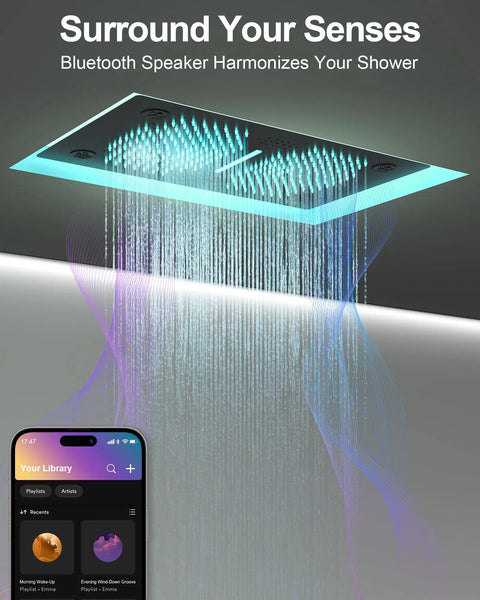 27 Point 5 Inch Ceiling Mount Shower System With Thermostatic Control And 64 Color Led Lighting Featuring Waterfall Rainfall Rotating Jets And Handheld Sprayer In Matte Black For A Straight Heavy Hitter Vibe with Bluetooth speaker and cascading water effect.