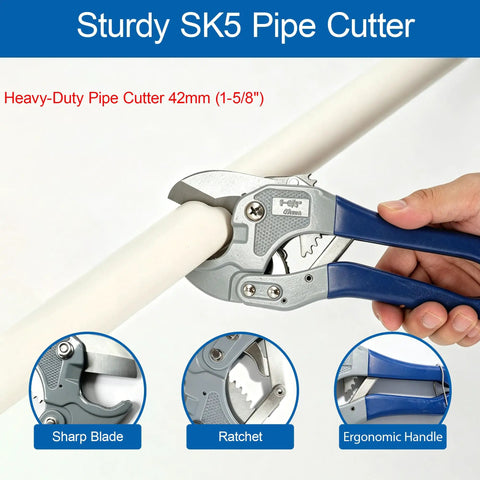 Hand using SK5 pipe cutter with sharp blade cutting a white pipe; close-ups show ratchet and ergonomic handle details.