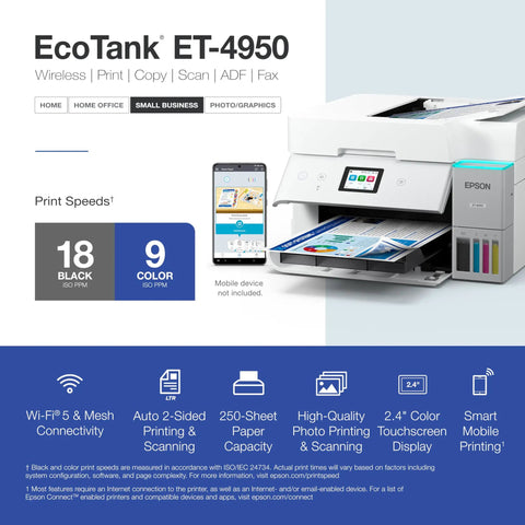 EcoTank ET-4950 Wireless All-In-One Color Supertank Printer With Refillable Ink, Up To 3 Years Ink, No Cartridge Hassle, White