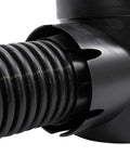 Close-up of Spee-D Round Catch Basin Drain with one outlet connected to a ribbed pipe, showing detailed plastic material and connection.
