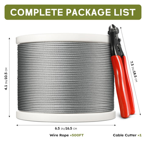 Beefy 316 Stainless Steel Cable 500 Ft One Eighth Inch Aircraft Wire Rope For Deck Railing Kit And DIY Balustrades 7x7 Strand Construction Includes Cutter
