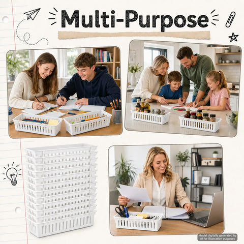12 Piece Desk Pencil Holder Set, white pen tray organizer for kids and students, classroom storage caddy on desk