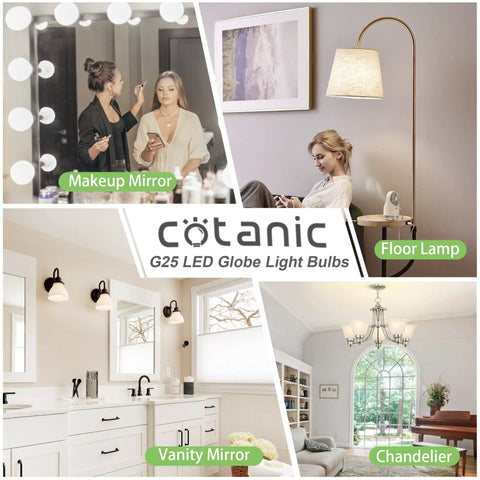 G25 LED Globe Bulbs 5W Vanity Light Bulbs 60W Equivalent Daylight 4000K Non Dimmable E26 Base Pack Of 4 For Makeup Mirror Vanity Bathroom And Bedroom Lighting in various settings.