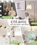 Collage showing Globe LED Light Bulbs 4000K Daylight for Vanity and Bathroom in various settings including mirrors and lamps.