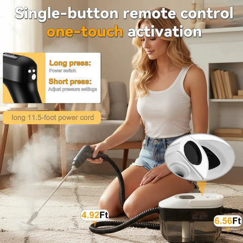 Woman using 2500W Portable Handheld Steam Cleaner Delivers Powerful 160C Hot Steam In Just 15 Seconds on carpet with 11.5-foot cord.